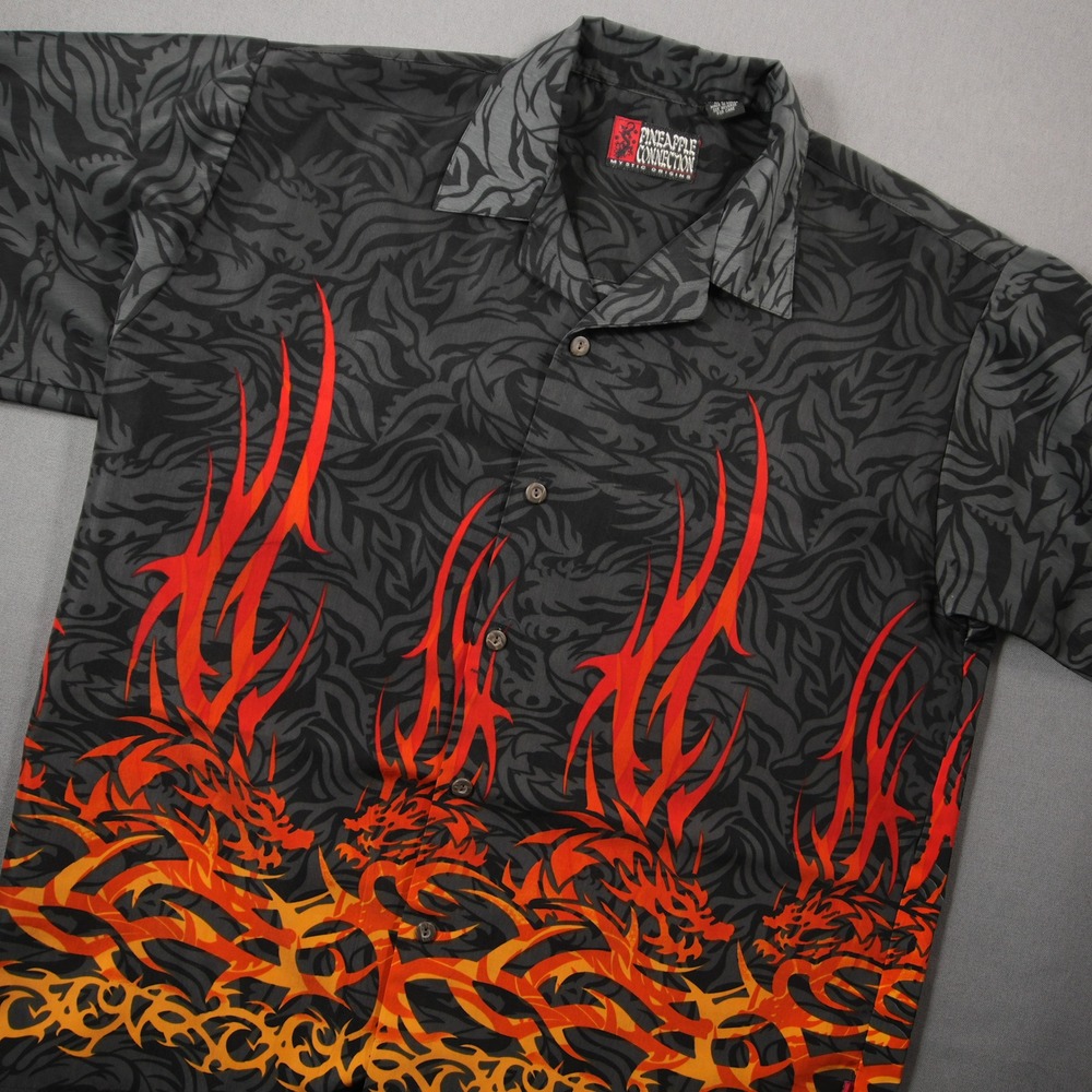 Y2K Tribal Dragon Flame Fire Skater Streeet Retro Grunge Men Shirt L Hawaiian